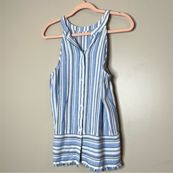 Cloth & Stone Linen Blend Striped Raw Hem Sleeveless Button Back Detail Boho Top - Picture 4 of 10